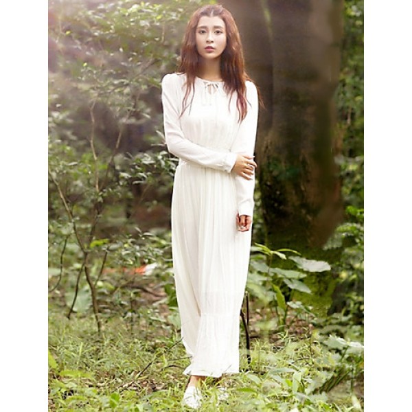 Women's Holiday / Casual/Daily Simple Loose / Swing Dress,Solid Round Neck Midi Long Sleeve White Cotton Spring / Fall Mid Rise