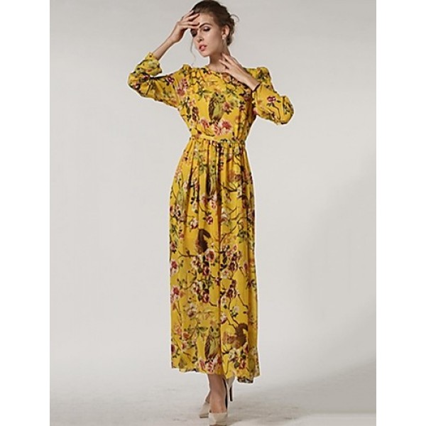 Women's Casual/Daily Swing Dress,Floral Crew Neck Maxi Long Sleeve Red / Yellow Polyester Spring