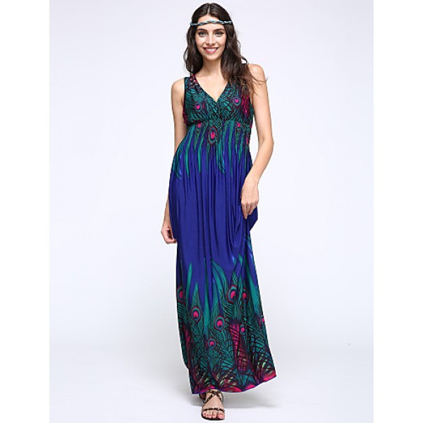 Women's Print Blue/Orange/Purple Dress,Maxi Deep V Sleeveless 