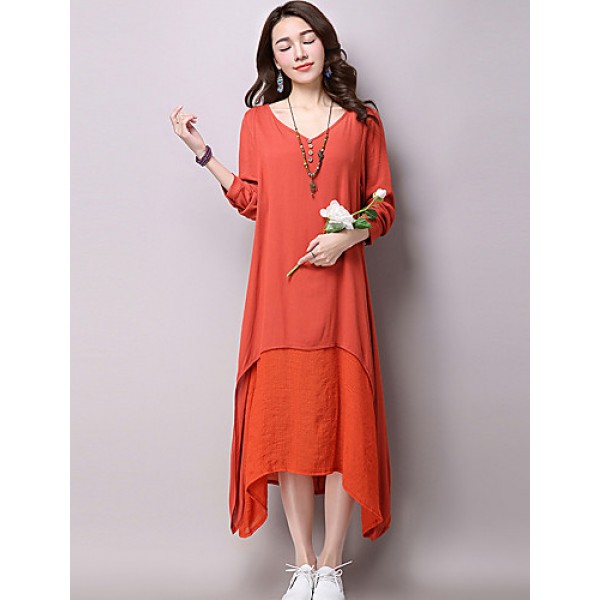 Women's Casual / Day Solid Loose / Swing Dress ,False Two Literature and ArtV Neck Maxi Cotton / Linen