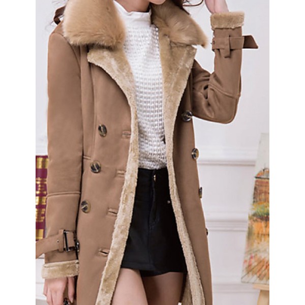 Women's Plus Size Simple Fur Coat,Solid Shirt Collar Long Sleeve Winter Brown Wool Thick