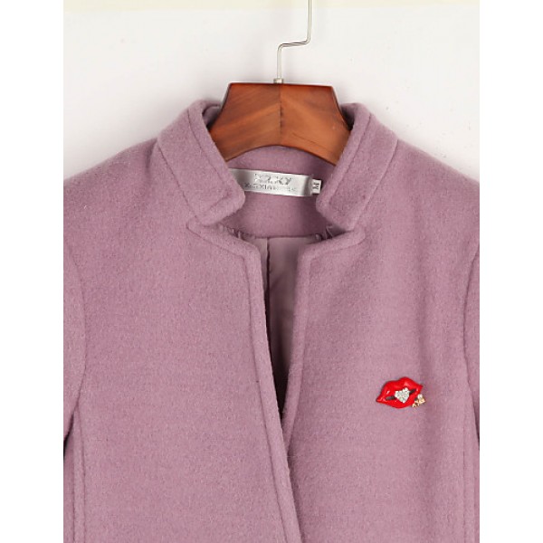 Women's Casual/Daily Simple Coat,Solid Notch Lapel Long Sleeve Spring Pink / Red / Green / Purple Wool Medium