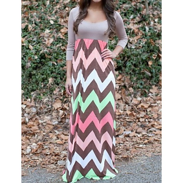 Women's Beach Loose Dress,Striped / Print Round Neck Maxi Long Sleeve Gray / Green Cotton Fall