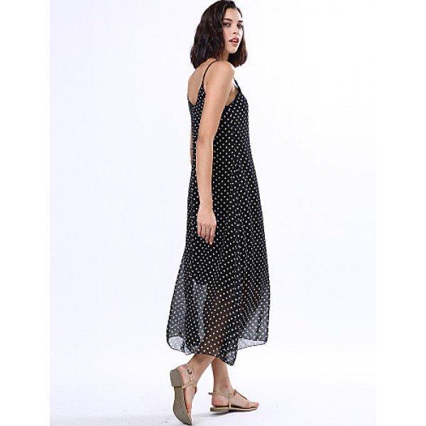 Women's Beach Boho Loose Dress,Polka Dot Strap Maxi Sleeveless Black Rayon Summer Low Rise Inelastic Opaque