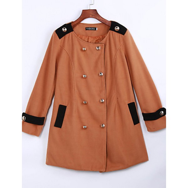 Women's Going out Street chic Coat,Color Block Round Neck Long Sleeve Winter Black / Brown Polyester Thick