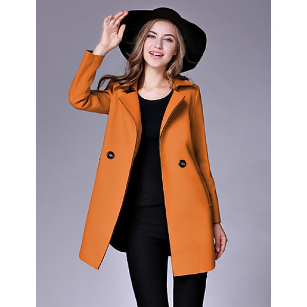 Women's Casual/Daily Street chic Pea CoatsSolid Notch Lapel Long Sleeve Winter Pink / Red / Yellow Wool / Cotton Medium