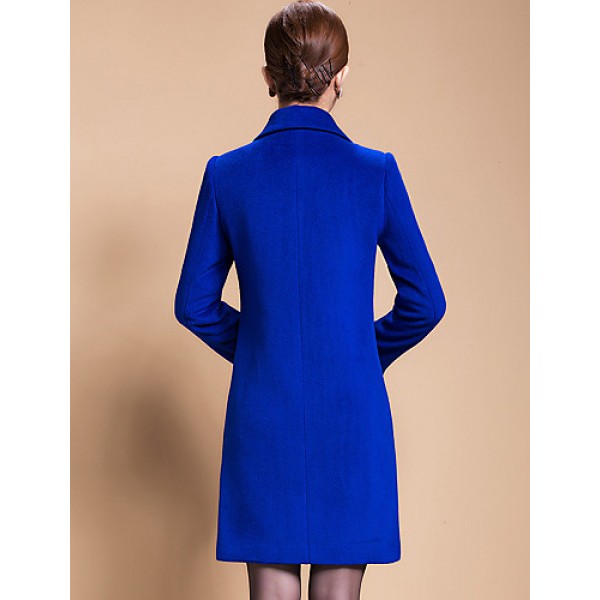 Women's Solid Blue / Black / Yellow Casual Loose Long Woolen Overcoat , Work / Plus Sizes Long Sleeve Wool