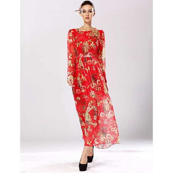 Women's Casual/Daily Swing Dress,Floral Crew Neck Maxi Long Sleeve Red / Yellow Polyester Spring