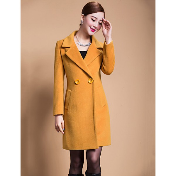 Women's Solid Blue / Black / Yellow Casual Loose Long Woolen Overcoat , Work / Plus Sizes Long Sleeve Wool