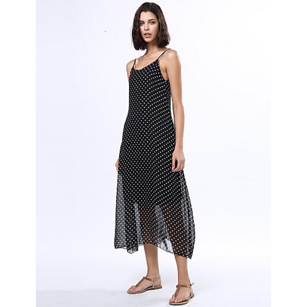 Women's Beach Boho Loose Dress,Polka Dot Strap Maxi Sleeveless Black Rayon Summer Low Rise Inelastic Opaque