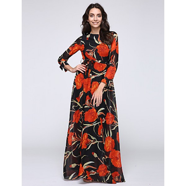 Women's Beach Trumpet/Mermaid Dress,Patchwork Stand Maxi Long Sleeve Orange Spandex Spring