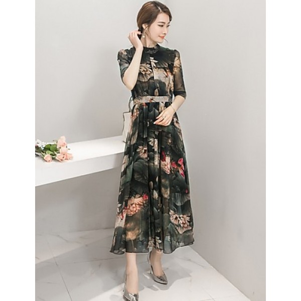 Women's Going out Vintage Swing Dress,Print Stand Maxi ? Sleeve Multi-color Polyester Summer