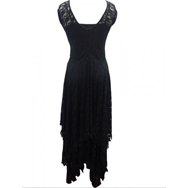 Women's Beach Lace / Skater Dress,Solid Round Neck Maxi Sleeveless Blue / Black Acrylic Spring