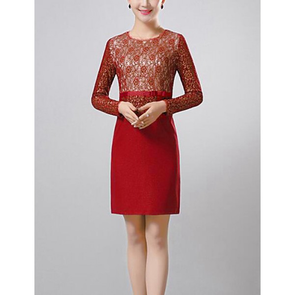 Women's Party/Cocktail / Plus Size Simple Sheath Dress,Jacquard Round Neck Above Knee Long Sleeve Red Polyester Fall Mid Rise