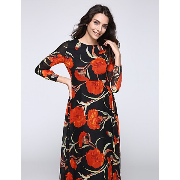 Women's Beach Trumpet/Mermaid Dress,Patchwork Stand Maxi Long Sleeve Orange Spandex Spring