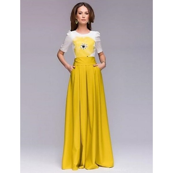 Women's Fashion Round Neck Print Color Block Swing Maxi Dress