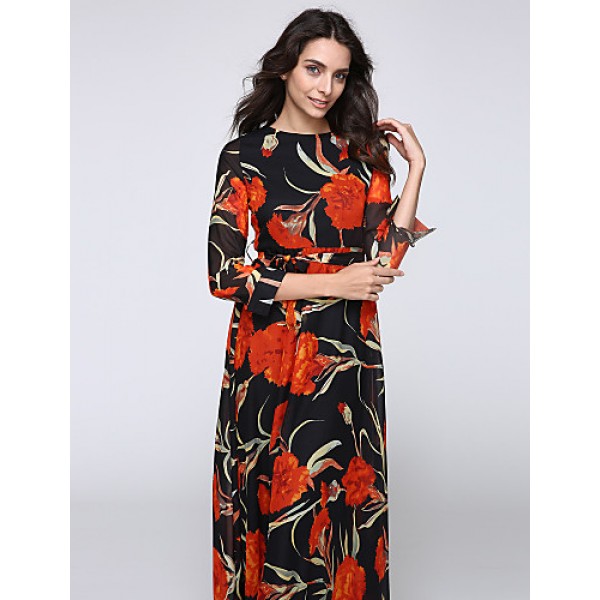 Women's Beach Trumpet/Mermaid Dress,Patchwork Stand Maxi Long Sleeve Orange Spandex Spring