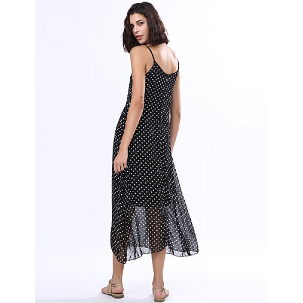 Women's Beach Boho Loose Dress,Polka Dot Strap Maxi Sleeveless Black Rayon Summer Low Rise Inelastic Opaque