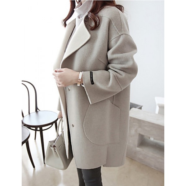 Women's Casual/Daily Simple CoatSolid Round Neck Long Sleeve Winter Gray Wool Thick