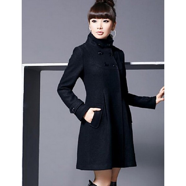 Women's Coat,Solid Long Sleeve Winter Blue / Pink / Black / Gray Wool / Cotton / Others Thick