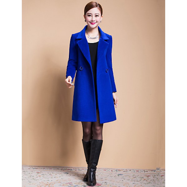 Women's Solid Blue / Black / Yellow Casual Loose Long Woolen Overcoat , Work / Plus Sizes Long Sleeve Wool