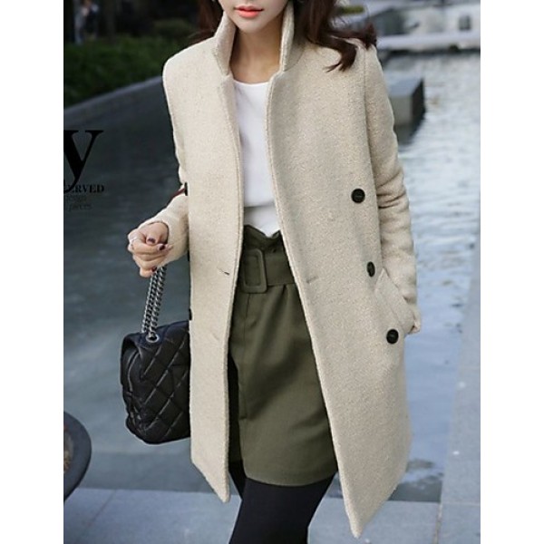 Women's Casual/Daily Simple Coat,Solid Notch Lapel Long Sleeve Fall Beige Wool Medium