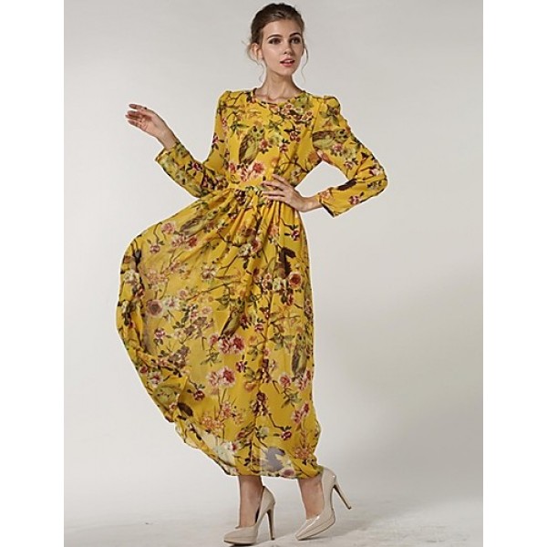 Women's Casual/Daily Swing Dress,Floral Crew Neck Maxi Long Sleeve Red / Yellow Polyester Spring