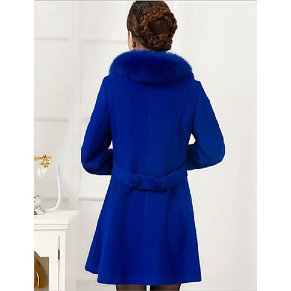 Women's Plus Size Coat,Solid Shirt Collar Long Sleeve Winter Blue / Black Wool / Others Thick