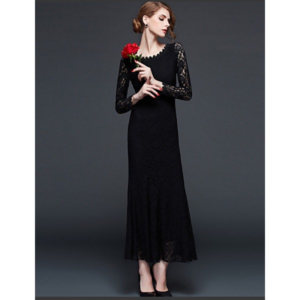 Women's Sexy Lace Halter Hollowing Round Neck Long Sleeve Party Cocktail Long Dress