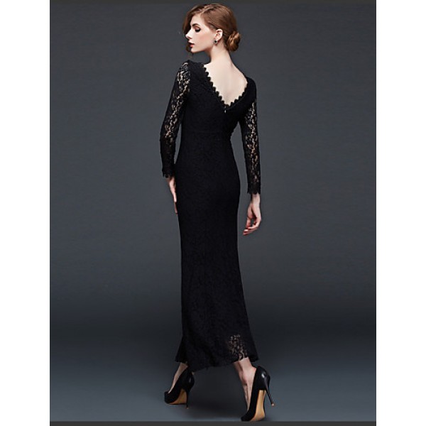 Women's Sexy Lace Halter Hollowing Round Neck Long Sleeve Party Cocktail Long Dress