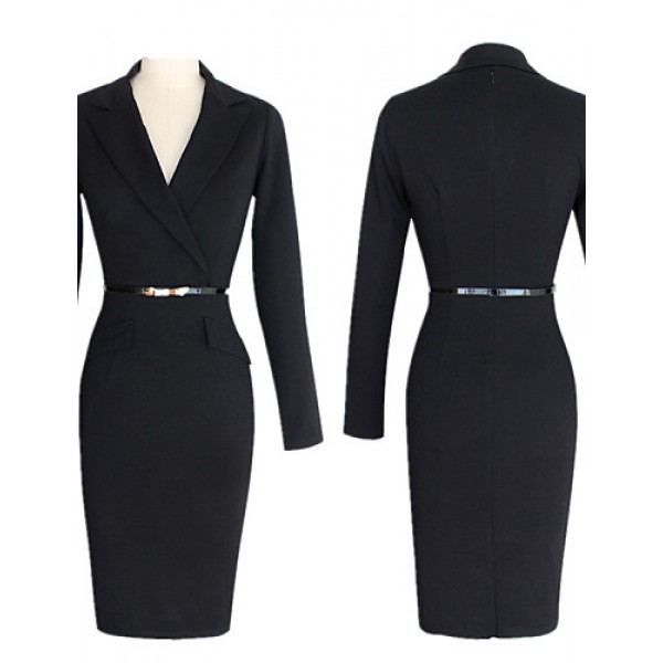 Women's Work Bodycon Dress,Solid V Neck Knee-length Long Sleeve Blue / Black Cotton / Polyester / Spandex Spring