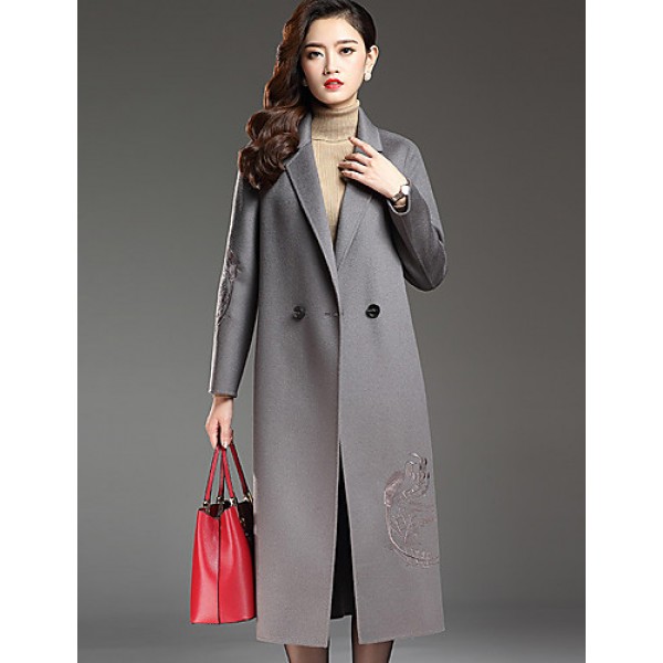 Women's Plus Size Street chic CoatPrint Notch Lapel Long Sleeve Fall / Winter Red / Black / Gray Wool / Polyester Thick