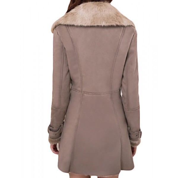 Women's Plus Size Simple Fur Coat,Solid Shirt Collar Long Sleeve Winter Brown Wool Thick