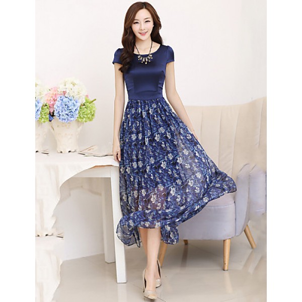 Women's Casual/Daily / Plus Size Vintage Swing Dress,Floral Boat Neck Maxi Short Sleeve Blue Silk Summer High Rise Micro-elastic Thin