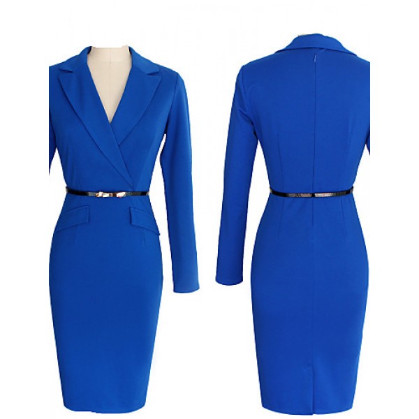 Women's Work Bodycon Dress,Solid V Neck Knee-length Long Sleeve Blue / Black Cotton / Polyester / Spandex Spring