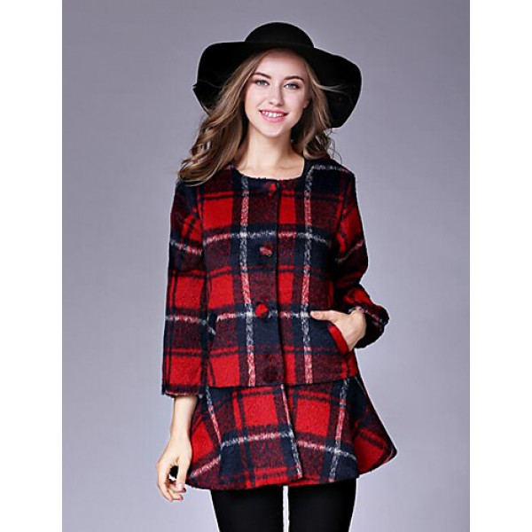 Women's Casual/Daily Street chic CoatPlaid Round Neck Long Sleeve Fall / Winter Red / Black / Green Wool Medium