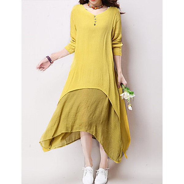 Women's Casual / Day Solid Loose / Swing Dress ,False Two Literature and ArtV Neck Maxi Cotton / Linen