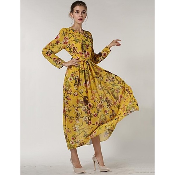 Women's Casual/Daily Swing Dress,Floral Crew Neck Maxi Long Sleeve Red / Yellow Polyester Spring