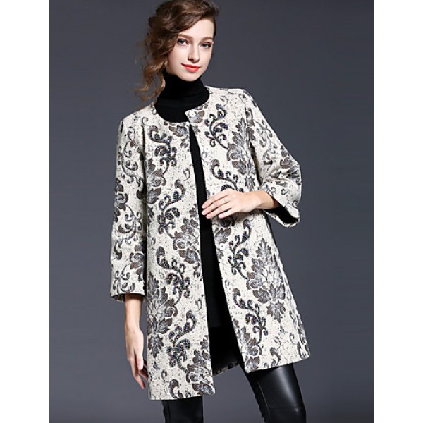 Women‘s Going out Sophisticated CoatFloral Round Neck Long Sleeve Winter White