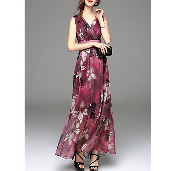Going out Simple Sheath Dress,Print V Neck Maxi Sleeveless Blue / Red Polyester Summer Mid Rise