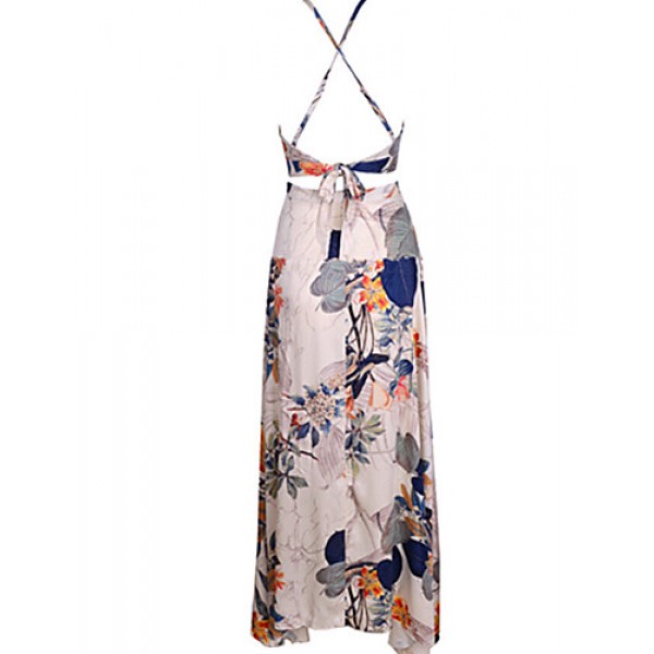 Women's Vintage Sexy Beach Print Cute Plus Sizes Micro Elastic Sleeveless Maxi Dress (Microfiber)