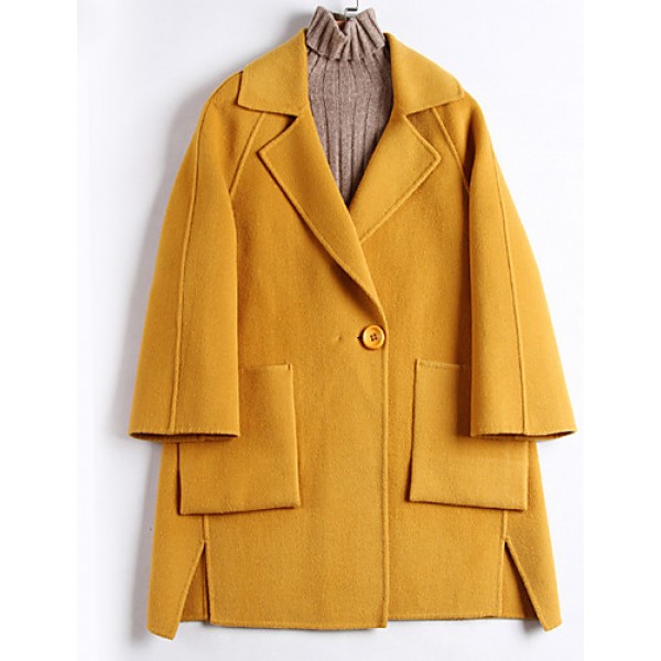 Women's Going out Street chic CoatSolid Notch Lapel Long Sleeve Fall / Winter Blue / Yellow Wool / Polyester Thick