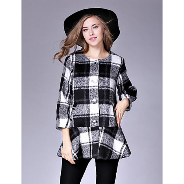 Women's Casual/Daily Street chic CoatPlaid Round Neck Long Sleeve Fall / Winter Red / Black / Green Wool Medium