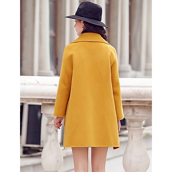 Women's Going out Street chic CoatSolid Notch Lapel Long Sleeve Fall / Winter Blue / Yellow Wool / Polyester Thick