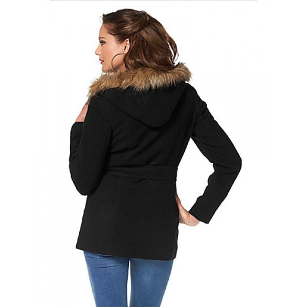 Women's Casual/Daily Vintage Coat,Solid Hooded Long Sleeve Winter Black Rayon Opaque