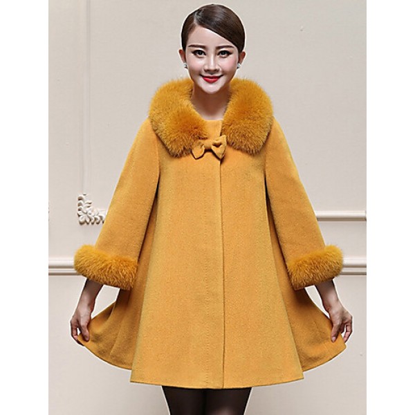 Women's Plus Size / Casual/Daily Simple Coat,Solid Round Neck Long Sleeve Winter Blue / Yellow Wool / Faux Fur Thick