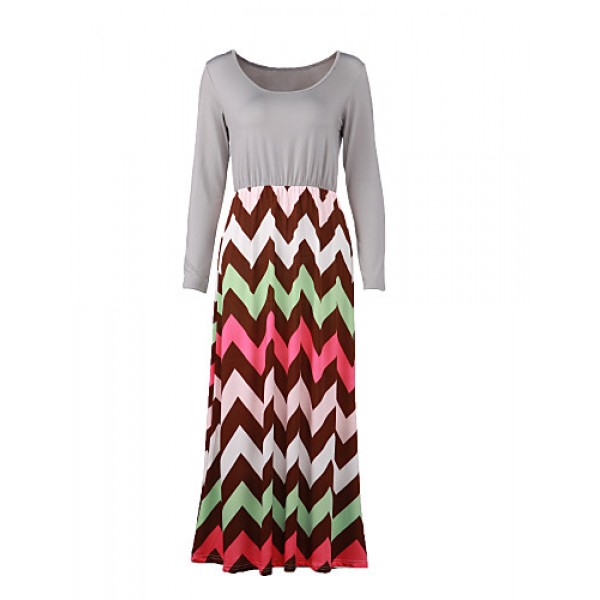 Women's Beach Loose Dress,Striped / Print Round Neck Maxi Long Sleeve Gray / Green Cotton Fall