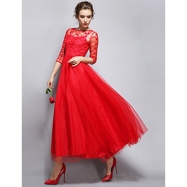 Women's Party/Cocktail Vintage A Line Dress Round Neck Maxi Long Sleeve Red / White Polyester All Seasons