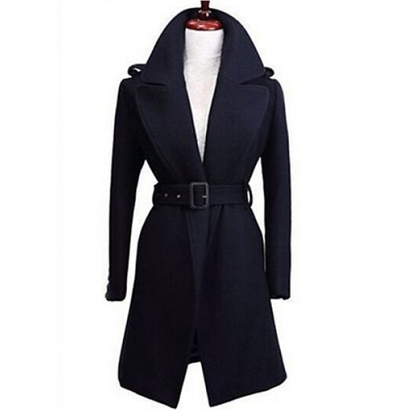 Women's Formal Simple Coat,Solid Shirt Collar Long Sleeve Winter Blue / Black Wool Thick