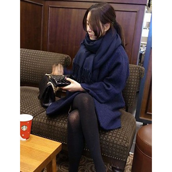 Women's Casual/Daily Simple Coat,Solid Round Neck Long Sleeve Fall / Winter Blue / White Wool Thick